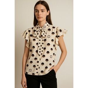 Louis Vuitton 100% Silk Monogram Dot Ruffle Sleeve Blouse Large Made in‎ Italy
